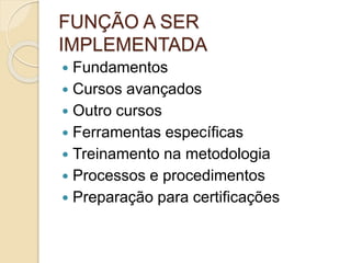 FUNÇÃO A SER
IMPLEMENTADA
 Fundamentos
 Cursos avançados
 Outro cursos
 Ferramentas específicas
 Treinamento na metodologia
 Processos e procedimentos
 Preparação para certificações
 