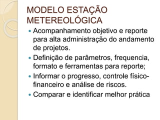 MODELO ESTAÇÃO
METEREOLÓGICA
 Acompanhamento objetivo e reporte
para alta administração do andamento
de projetos.
 Definição de parâmetros, frequencia,
formato e ferramentas para reporte;
 Informar o progresso, controle físico-
financeiro e análise de riscos.
 Comparar e identificar melhor prática
 
