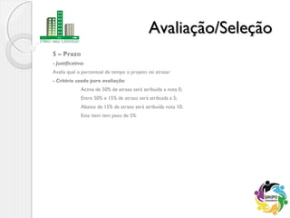 Avaliação/SeleçãoAvaliação/Seleção
5 – Prazo
- Justificativa:
Avalia qual o percentual de tempo o projeto vai atrasar
- Critério usado para avaliação:
Acima de 50% de atraso será atribuída a nota 0;
Entre 50% e 15% de atraso será atribuída a 5;
Abaixo de 15% de atraso será atribuída nota 10;
Este item tem peso de 5%
 