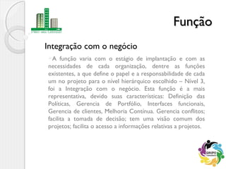 Integração com o negócio
FunçãoFunção
A função varia com o estágio de implantação e com as
necessidades de cada organização, dentre as funções
existentes, a que define o papel e a responsabilidade de cada
um no projeto para o nível hierárquico escolhido – Nível 3,
foi a Integração com o negócio. Esta função é a mais
representativa, devido suas características: Definição das
Políticas, Gerencia de Portfólio, Interfaces funcionais,
Gerencia de clientes, Melhoria Contínua. Gerencia conflitos;
facilita a tomada de decisão; tem uma visão comum dos
projetos; facilita o acesso a informações relativas a projetos.
 