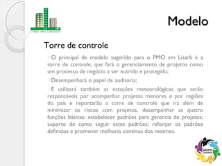 Torre de controle
ModeloModelo
O principal de modelo sugerido para o PMO em Lisarb é a
torre de controle, que fará o gerenciamento de projetos como
um processo de negócio a ser nutrido e protegido;
Desempenhará o papel de auditoria;
E utilizará também as estações meteorológicas que serão
responsáveis por acompanhar projetos menores e por regiões
do país e reportarão a torre de controle que irá além de
minimizar os riscos com projetos, desempenhar as quatro
funções básicas: estabelecer padrões para gerencia de projetos;
suporte de como seguir estes padrões; reforçar os padrões
definidos e promover melhoria contínua dos mesmos.
 