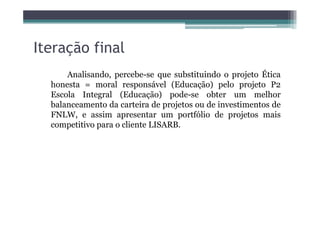 Iteração final
Analisando, percebe-se que substituindo o projeto Ética
honesta = moral responsável (Educação) pelo projeto P2
Escola Integral (Educação) pode-se obter um melhor
balanceamento da carteira de projetos ou de investimentos de
FNLW, e assim apresentar um portfólio de projetos maisFNLW, e assim apresentar um portfólio de projetos mais
competitivo para o cliente LISARB.
 