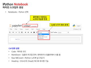 IPython Notebook
파이썬 스크립트 생성
• Notebooks – Python 선택
클릭해서 저장되는
노트북 파일명 변경
Cell은 4가지 형식 존재
Cell 종류 설명
• Code : 파이썬 코드
• MarkDown : 일종의 마크업 언어. 엔하위키나 텀블러에서 사용 중
• Raw NBCovert : IPython 노트북 날 코딩(?)
• Heading : <html>의 <head> 태그와 유사한 기능
 