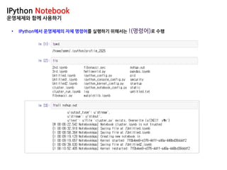 IPython Notebook
운영체제와 함께 사용하기
• IPython에서 운영체제의 자체 명령어를 실행하기 위해서는 !(명령어)로 수행
 