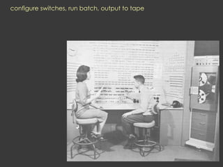 configure switches, run batch, output to tape
 