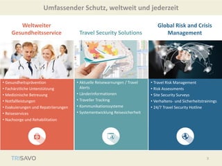 Weltweiter
Gesundheitsservice
• Gesundheitsprävention
• Fachärztliche Unterstützung
• Medizinische Betreuung
• Notfallleistungen
• Evakuierungen und Repatriierungen
• Reiseservices
• Nachsorge und Rehabilitation
Travel Security Solutions
• Aktuelle Reisewarnungen / Travel
Alerts
• Länderinformationen
• Traveller Tracking
• Kommunikationssysteme
• Systementwicklung Reisesicherheit
Global Risk and Crisis
Management
• Travel Risk Management
• Risk Assessments
• Site Security Surveys
• Verhaltens- und Sicherheitstrainings
• 24/7 Travel Security Hotline
Umfassender Schutz, weltweit und jederzeit
3
 