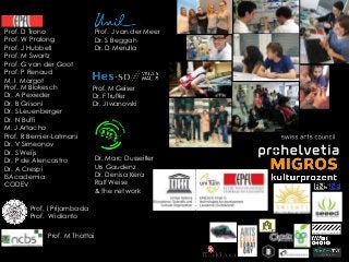 Prof. D Trono
Prof. W Pralong
Prof. J Hubbell
Prof. M Swartz
Prof. G van der Goot
Prof. P Renaud
M. I. Margot
Prof. M Blokesch
Dr. A Pexieder
Dr. B Grisoni
Dr. S Leuenberger
Dr. N Buffi
M. J Artacho
Prof. R Bernier-Latmani
Dr. V Simeonov
Dr. S Weijs
Dr. P de Alencastro
Dr. A Crespi
ISAcademia
CODEV
Prof. M Geiser
Dr. F Truffer
Dr. J Iwanovski
Dr. Marc Dusseiller
Urs Gaudenz
Dr. Denisa Kera
Ralf Weise
& the network
Prof. I Prijambada
Prof. Widianto
Prof. J van der Meer
Dr. S Beggah
Dr. D Merulla
Prof. M Thattai
 