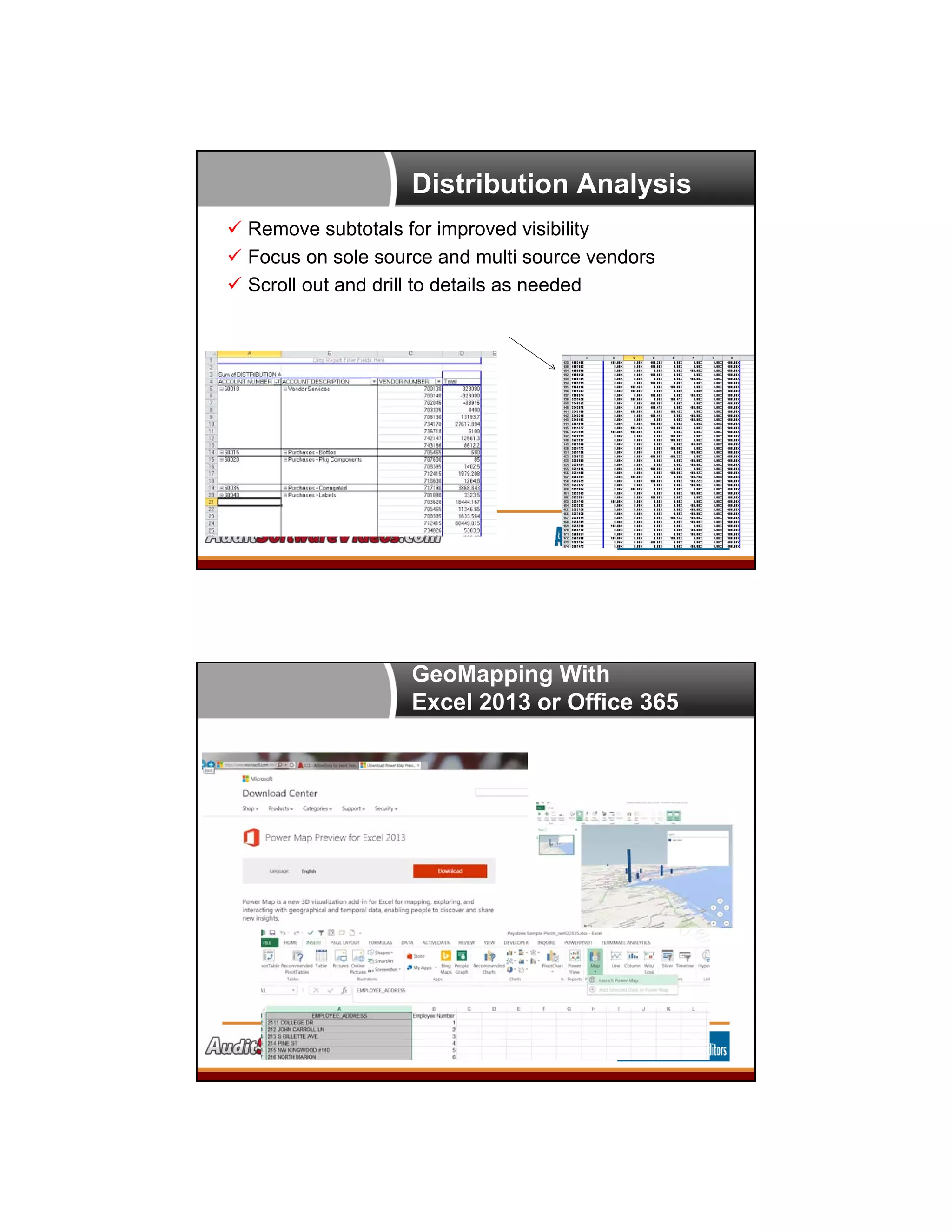 Distribution Analysis
 Remove subtotals for improved visibility
 Focus on sole source and multi source vendors
 Scroll out and drill to details as needed
GeoMapping With
Excel 2013 or Office 365
 