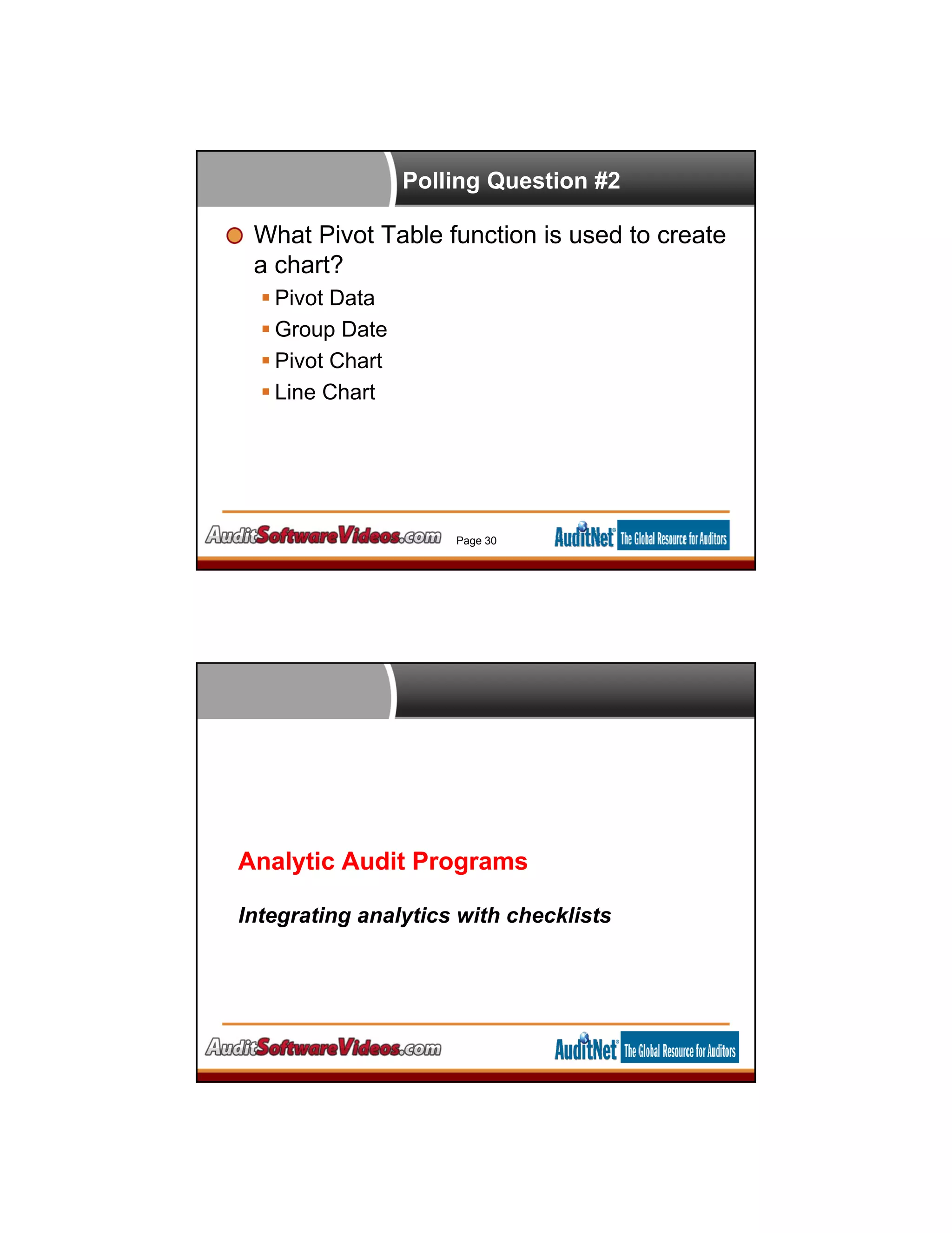 Polling Question #2
What Pivot Table function is used to create
a chart?
 Pivot Data
 Group Date
 Pivot Chart
 Line Chart
Page 30
Analytic Audit Programs
Integrating analytics with checklists
 