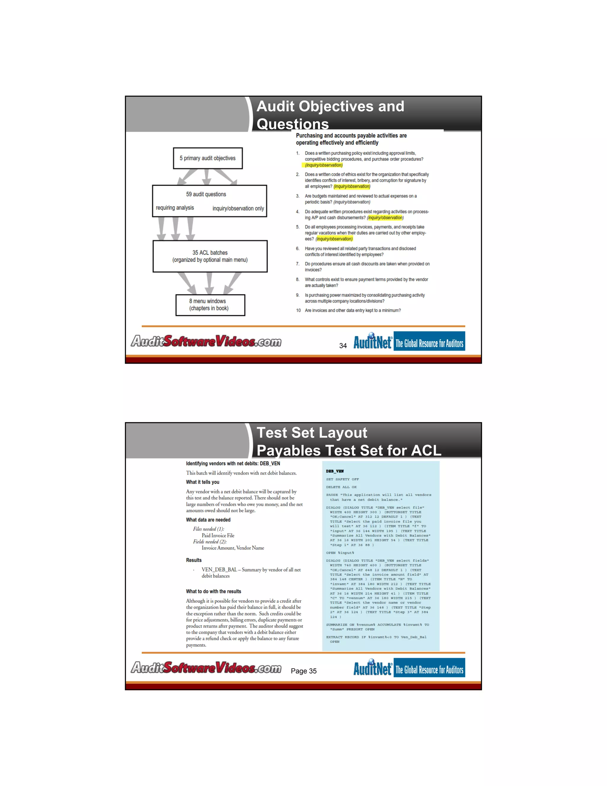 Audit Objectives and
Questions
34
Test Set Layout
Payables Test Set for ACL
Page 35
 