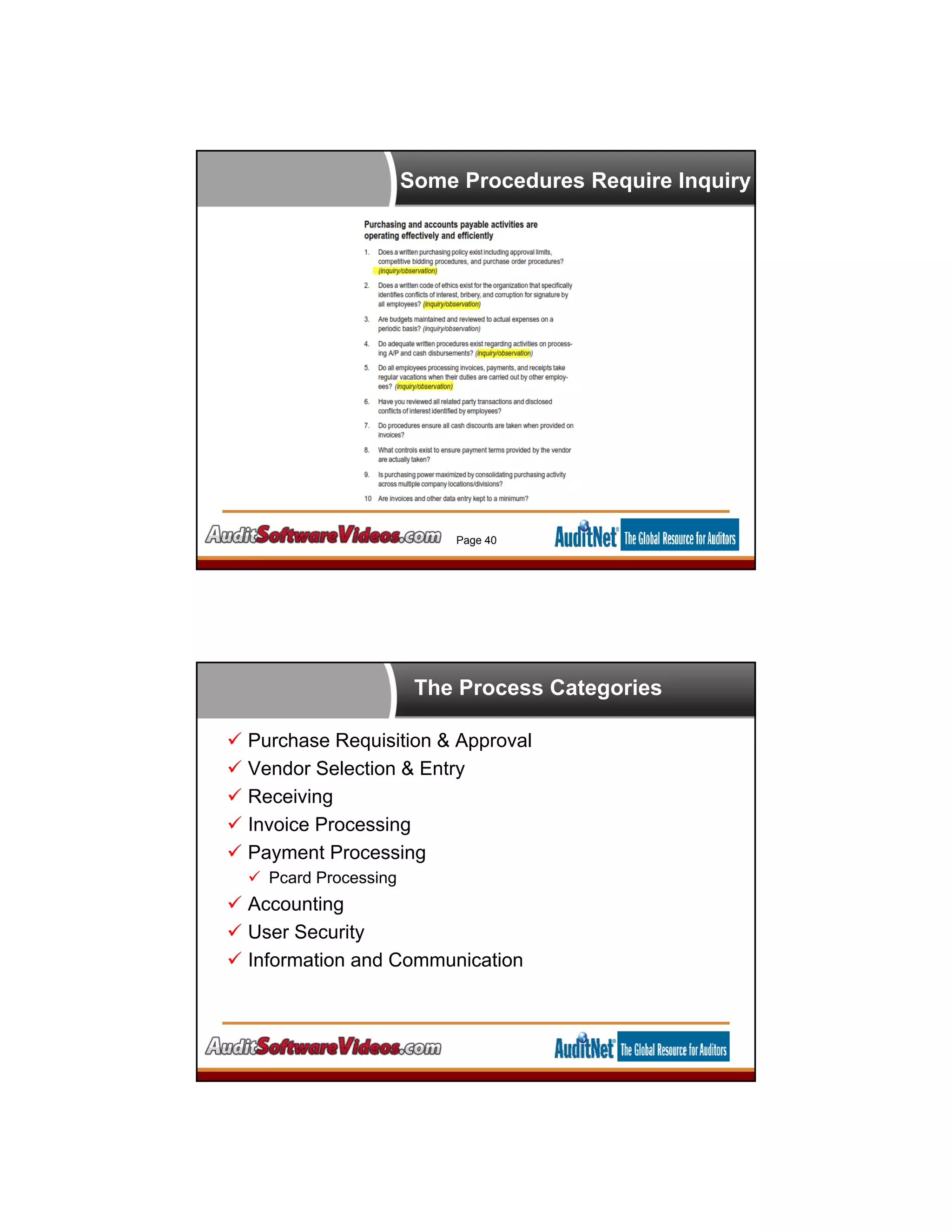 Some Procedures Require Inquiry
Page 40
The Process Categories
 Purchase Requisition & Approval
 Vendor Selection & Entry
 Receiving
 Invoice Processing
 Payment Processing
 Pcard Processing
 Accounting
 User Security
 Information and Communication
 