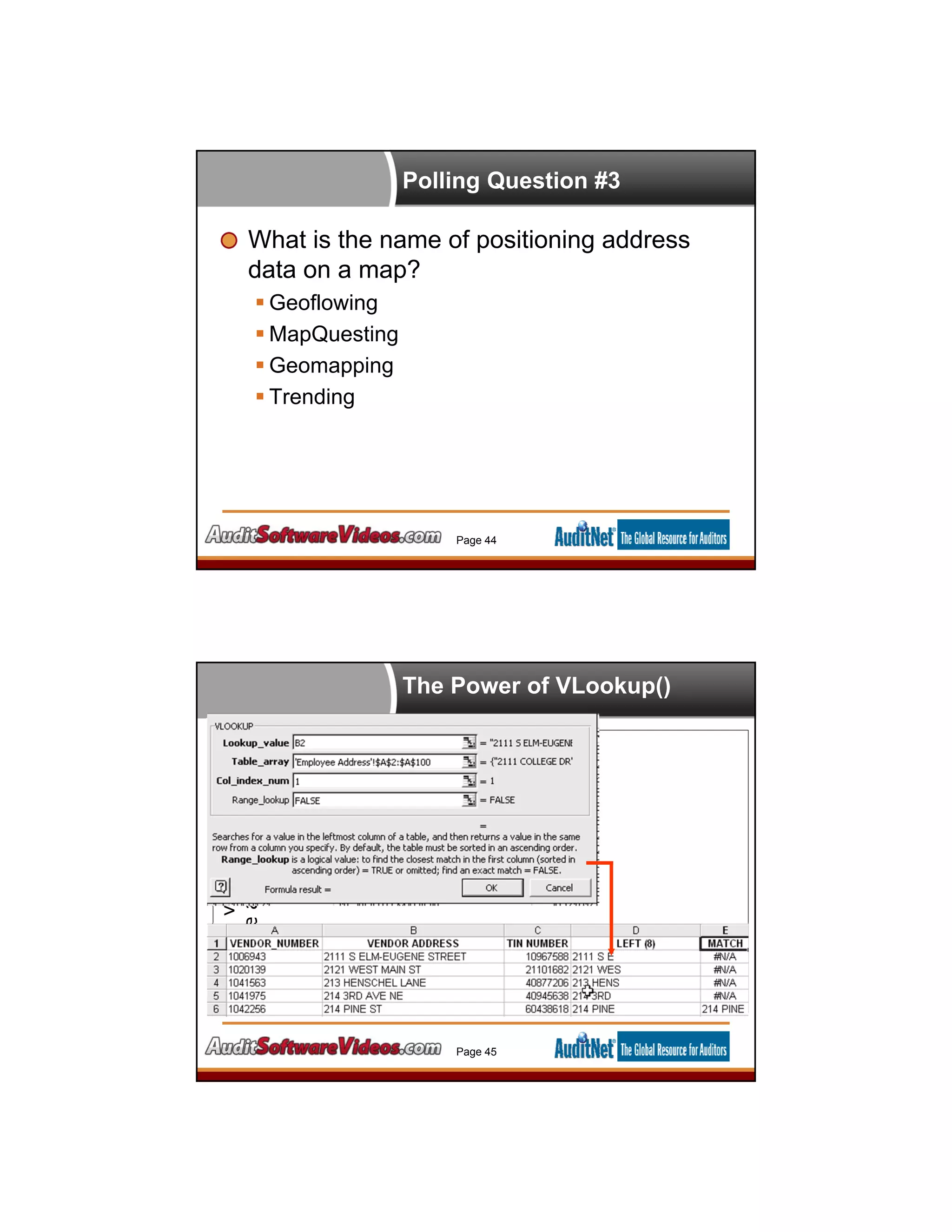 Polling Question #3
What is the name of positioning address
data on a map?
 Geoflowing
 MapQuesting
 Geomapping
 Trending
Page 44
The Power of VLookup()
Matchingvendorto
employeeaddresses
Page 45
 