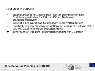 14 / 15 11 / 03 / 15
(3) Preservation Planning in DURAARK
Next Steps in DURAARK
• (exemplarische) Festlegung signifikanter...