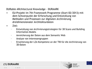 4 / 15 11 / 03 / 15
DURable ARchitectural Knowledge – DURAARK
• EU-Projekt im 7th Framework Programme (Start 02/2013) mit
...