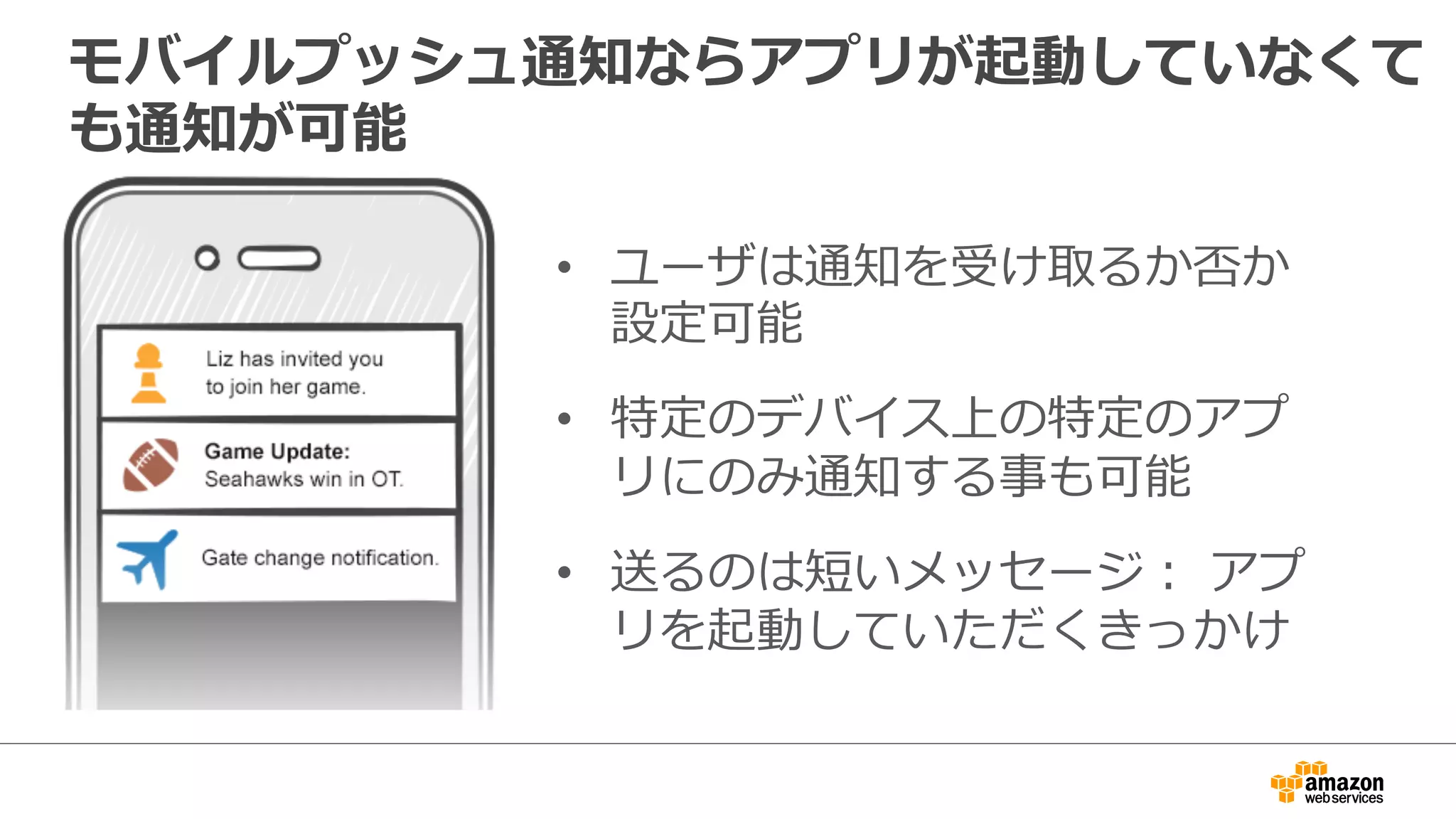 通知は各プラットフォーム独⾃自の仕組みで送信
送信者 モバイルアプリ
モバイル
プラットフォーム
(e.g. Apple,
Google,
Amazon)
 