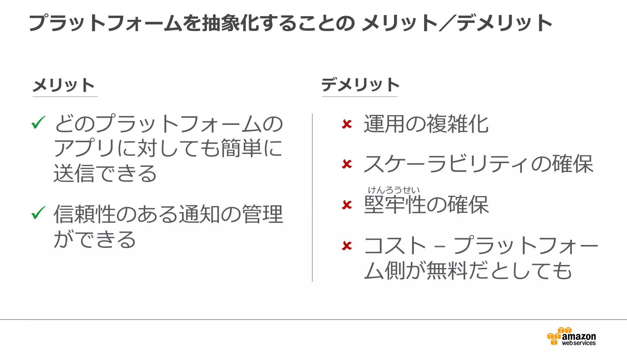 Amazon  SNS  Mobile  Push  はプラットフォーム横断型プッ
シュ通知のための中間マネージドサービス
Amazon SNS
Mobile Push
Apple Devices
Google Devices
Amazon Kindle Fire Devices
送信者
>  その他のプラットフォームにも対応
 