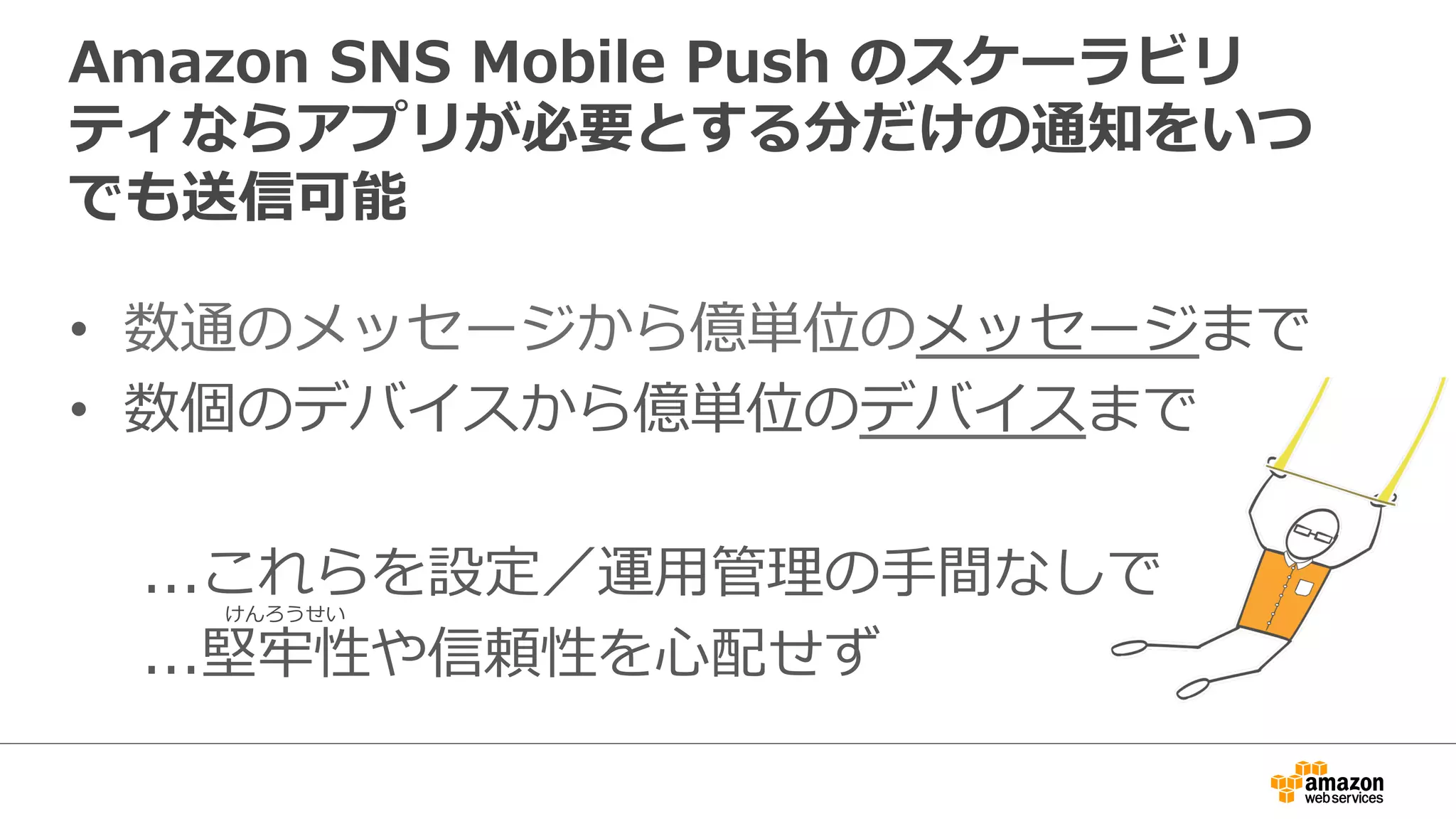 Agenda
•  AWS  モバイルサービスのご紹介
•  Amazon  SNS  Mobile  Push  
–  モバイルプッシュ通知とは
–  機能概要
–  SDK,  IDE
–  料料⾦金金・無料料使⽤用枠
•  Amazon  SNS  Mobile  Push  の使い⽅方
–  マネージメントコンソールから
–  プログラムから
•  Q&A
 