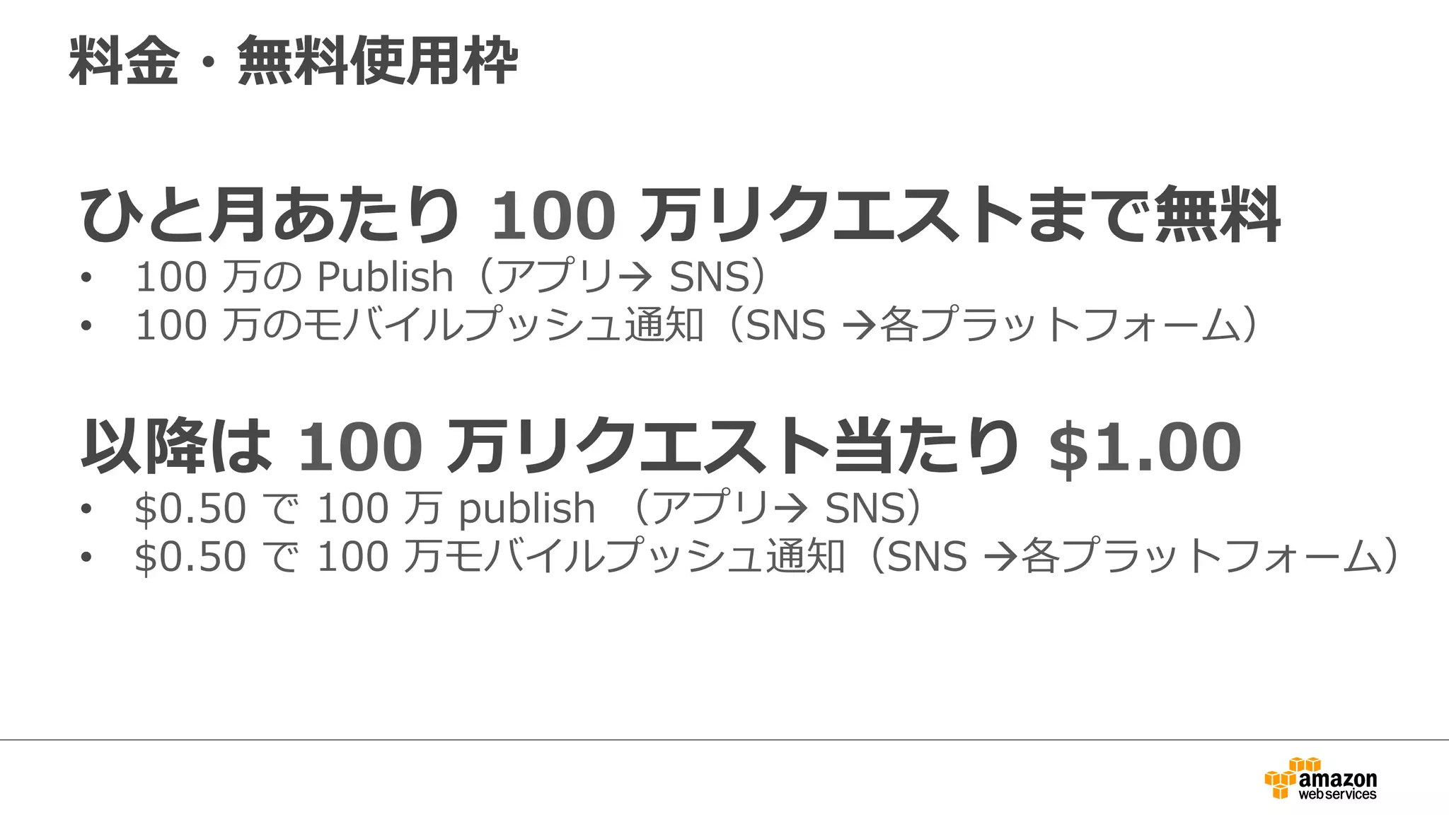 https://s3.amazonaws.com/codesamples/sns/latest/snsmobilepush.zip
サンプルアプリケーション
iOS  受信サンプルアプリ
（~∼iOS7.1対応）
Java  サンプルアプリ
 