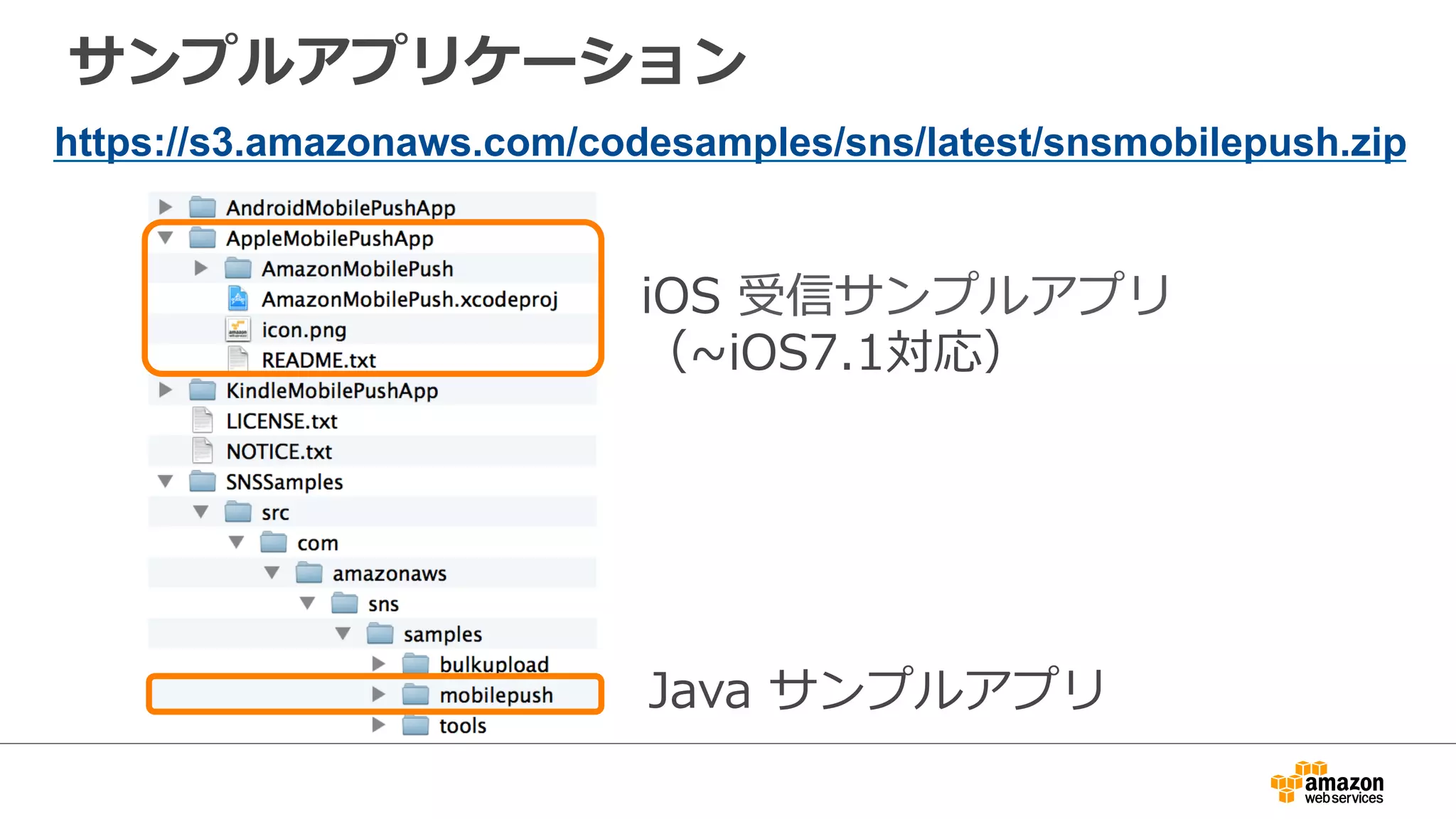 iOS  受信サンプルアプリ
1.  [▶]  をクリック
deviceToken: e1ebf21e 3e1c56d0 61be2c52 0f448fb1
42c32456 45d2dd97 d1ce5fb5 7436394a
2.  コンソールに
トークンが表⽰示される
3.  コピーする
 