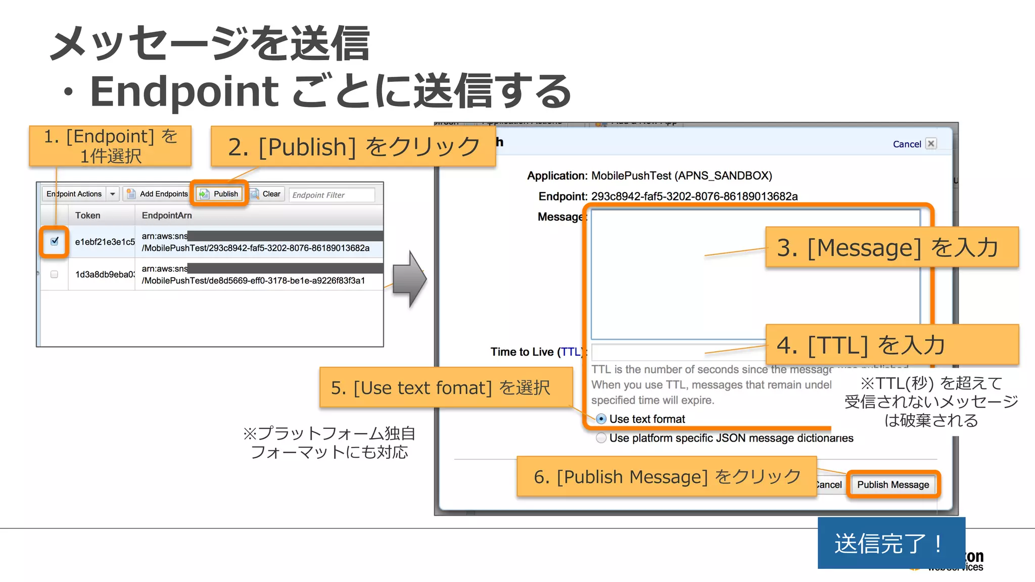 メッセージを⼀一⻫斉送信
・Topic  を作成して  Endpoint  を  Subscribe  する
1.  [Create  New  Topic]
  をクリック
2.  [Topic  Name]  を⼊入⼒力力
3.  [Create  Topic]  
をクリック
4.  [Create  Subscription]  
をクリック
5.  [Application]  を選択
6.  [Endpoint]  を⼊入⼒力力
7.  [Subscribe]  
をクリック
 