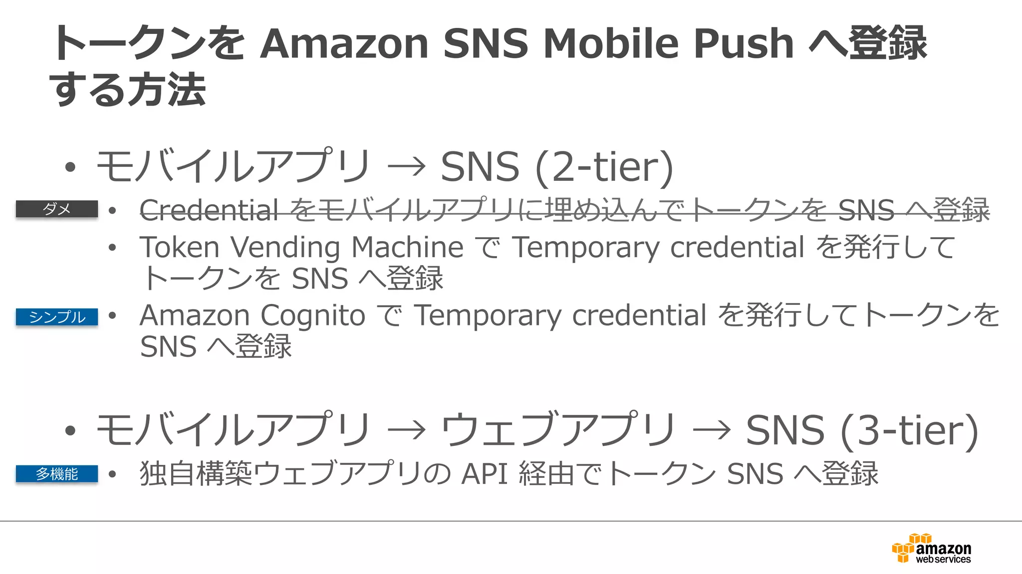 ü  構築が⾮非常に簡単
ü  低コスト
û  Credential  漏漏洩の可能性
û  権限の絞込み必須
û  変更更が必要な場合にアップデー
トするのが⼤大変（ユーザがアッ
プデートしてくれない、審査に
時間がかかる）
û  複雑な通知を実現するには別途
ウェブアプリが必要
メリット デメリット
Credential  をモバイルアプリに埋め込んで
トークンを  SNS  へ登録
アンチパターン！
 