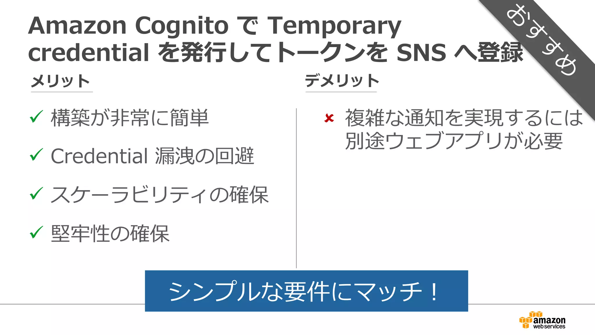 独⾃自構築ウェブアプリの  API  経由で  
トークンを  SNS  へ登録
モバイル
プラットフォーム モバイルアプリ
1.  トークン要求
2.  トークン返却
3.  トークン収集
4.  トークン登録
(Create  Platform  
Endpoint)
5.  EndpointArn  返却
6.  EndpointArn  保存
SNS
Credential
Credential
（属性情報も）
DatabaseWeb
ELB
SQS
Worker RDS
DynamoDBCloudSearch
 