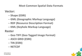 Most Common Spatial Data Formats
Vector:
– Shape (ESRI)
– GML (Geographic Markup Language)
– RDF (Resource Description Format)
– KML (Keyhole Markup Language)
Raster
– Geo TIFF (Geo Tagged Image Format)
– ASCII GRID (ESRI)
– TIN (ESRI)
– NETCDF
18
 