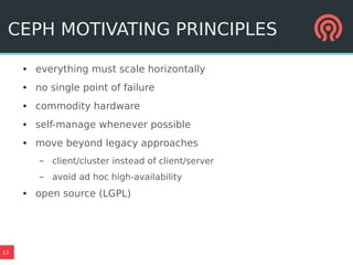 13
CEPH MOTIVATING PRINCIPLES
● everything must scale horizontally
● no single point of failure
● commodity hardware
● self-manage whenever possible
● move beyond legacy approaches
– client/cluster instead of client/server
– avoid ad hoc high-availability
● open source (LGPL)
 