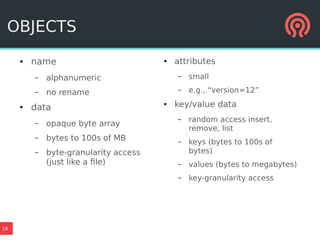 19
OBJECTS
● name
– alphanumeric
– no rename
● data
– opaque byte array
– bytes to 100s of MB
– byte-granularity access
(just like a file)
● attributes
– small
– e.g., “version=12”
● key/value data
– random access insert,
remove, list
– keys (bytes to 100s of
bytes)
– values (bytes to megabytes)
– key-granularity access
 