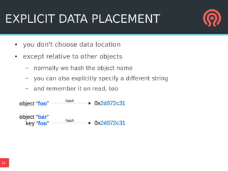 22
EXPLICIT DATA PLACEMENT
● you don't choose data location
● except relative to other objects
– normally we hash the object name
– you can also explicitly specify a different string
– and remember it on read, too
object “foo” 0x2d872c31
hash
object “bar”
key “foo” 0x2d872c31
hash
 