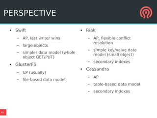45
PERSPECTIVE
● Swift
– AP, last writer wins
– large objects
– simpler data model (whole
object GET/PUT)
● GlusterFS
– CP (usually)
– file-based data model
● Riak
– AP, flexible conflict
resolution
– simple key/value data
model (small object)
– secondary indexes
● Cassandra
– AP
– table-based data model
– secondary indexes
 
