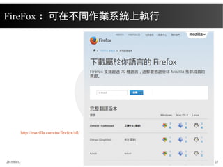 2015/03/12 27
FireFox ：可在不同作業系統上執行
http://mozilla.com.tw/firefox/all/
 
