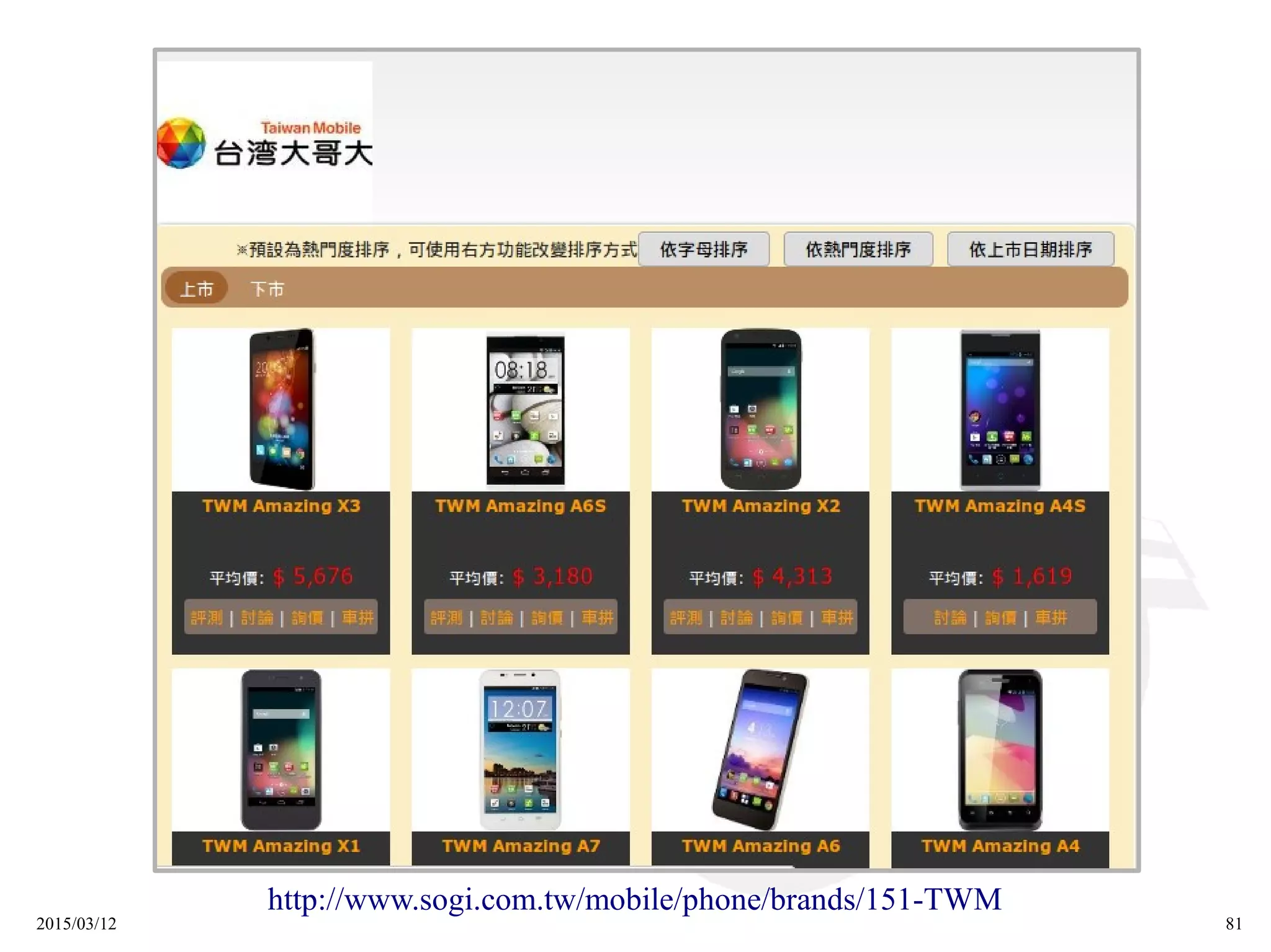 2015/03/12 81
http://www.sogi.com.tw/mobile/phone/brands/151-TWM
 