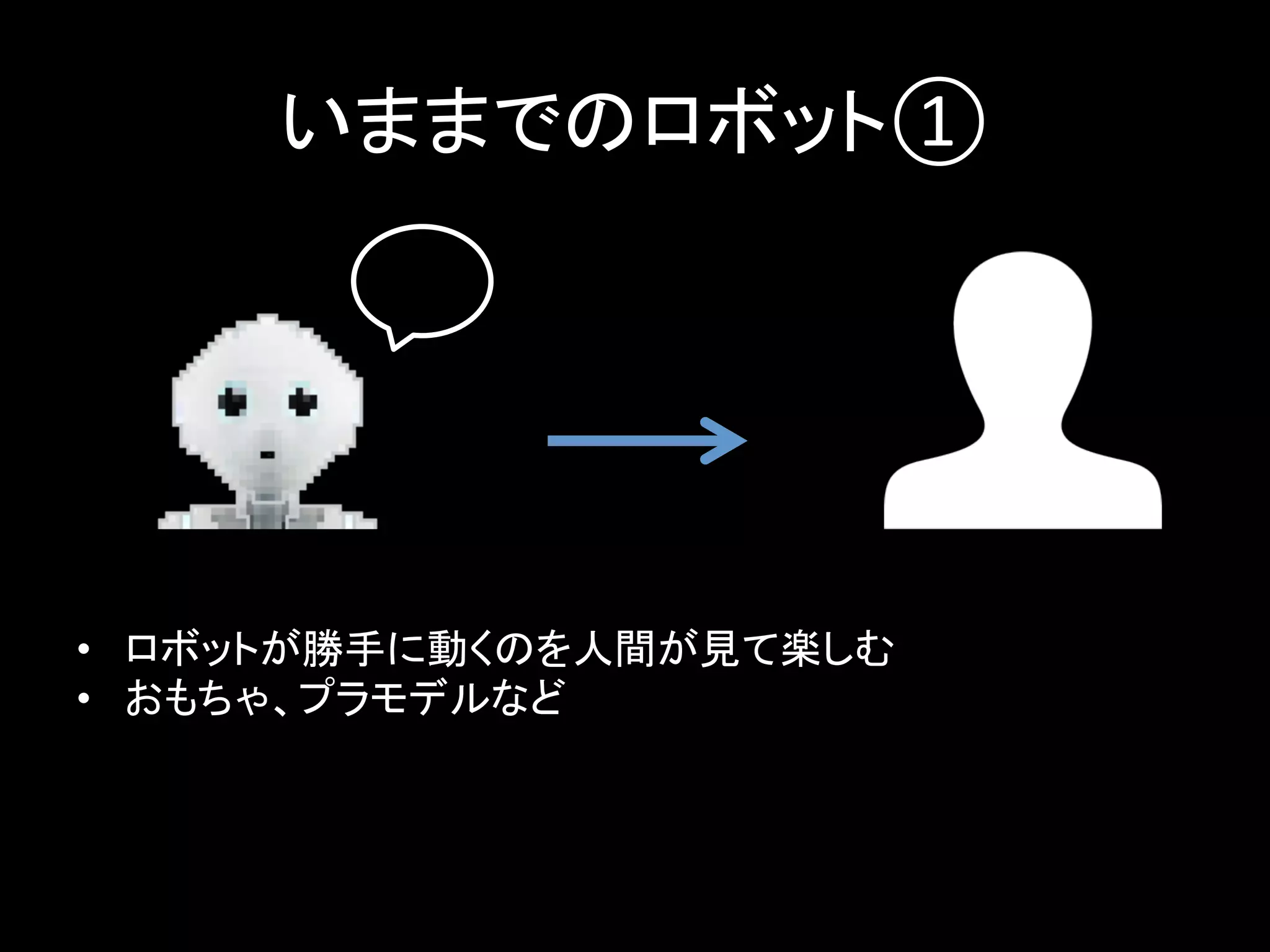 いままでのロボット①	
•  ロボットが勝手に動くのを人間が見て楽しむ	
  
•  おもちゃ、プラモデルなど	
 