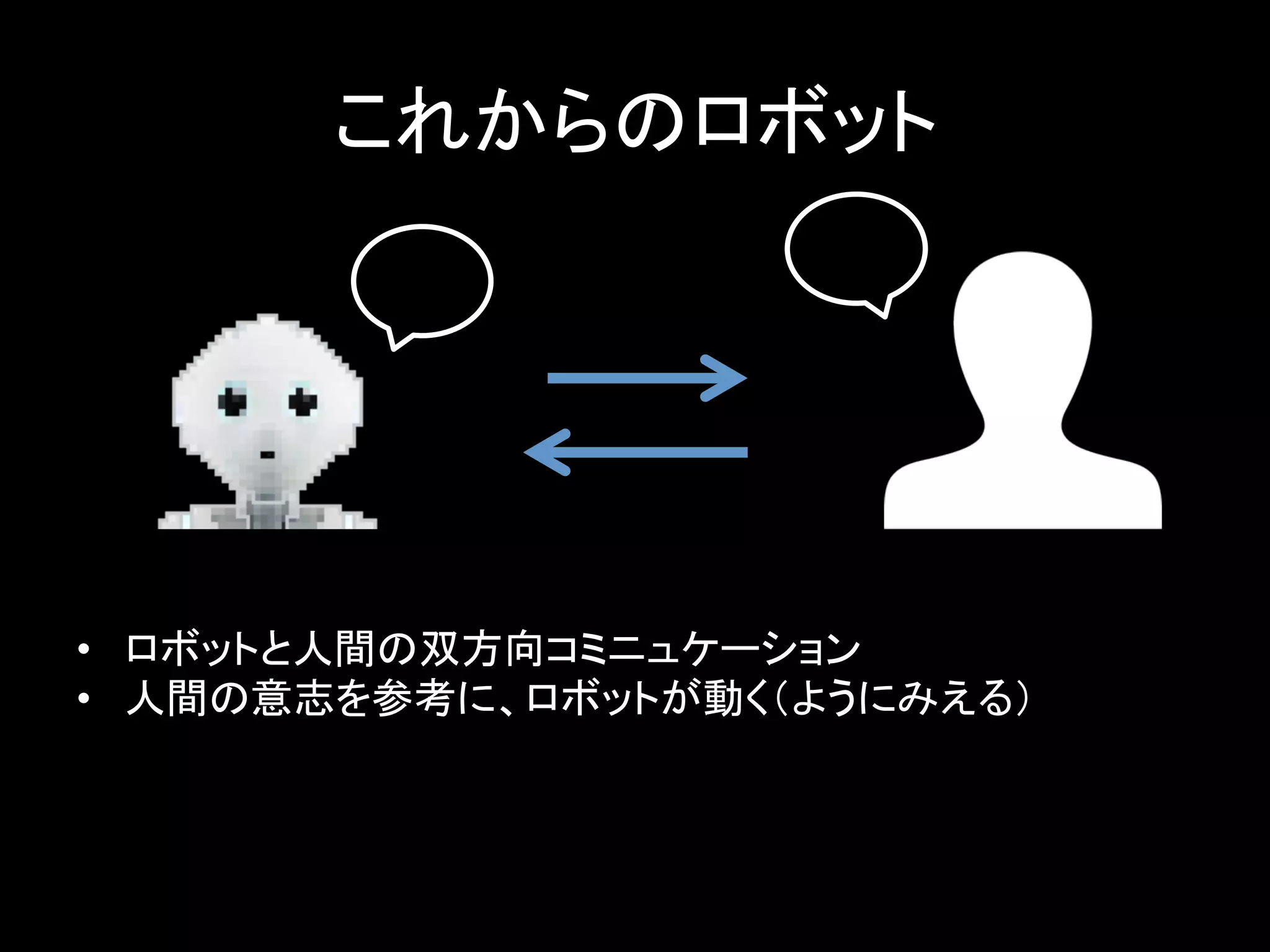 これからのロボット	
•  ロボットと人間の双方向コミニュケーション	
  
•  人間の意志を参考に、ロボットが動く（ようにみえる）	
  
 