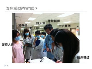 臨床藥師在幹嗎？
5
護理人員
社工師
營養師
住院醫師
主治醫師
臨床藥師
路人甲
 