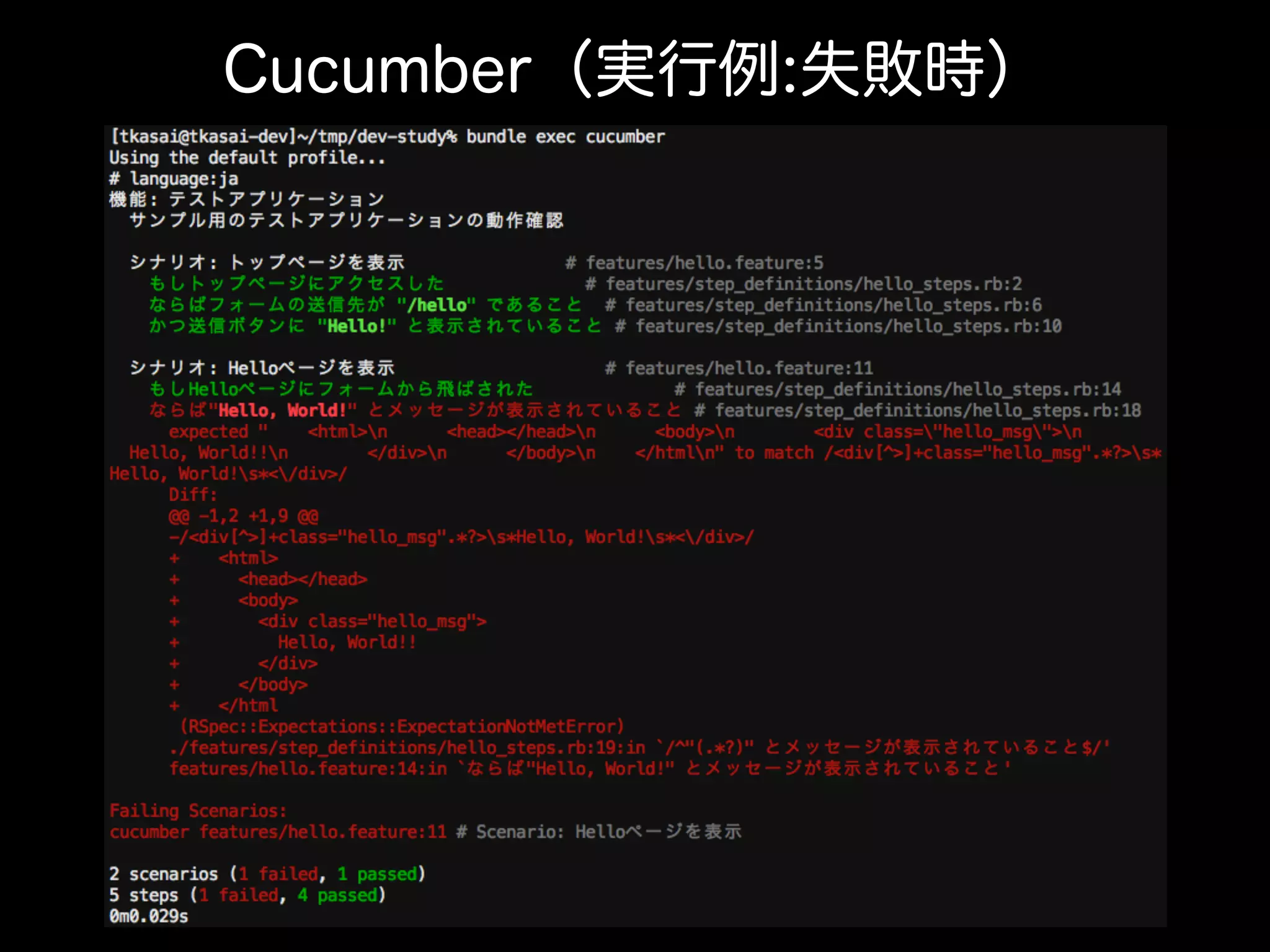 Cucumber（実行例:失敗時）
 