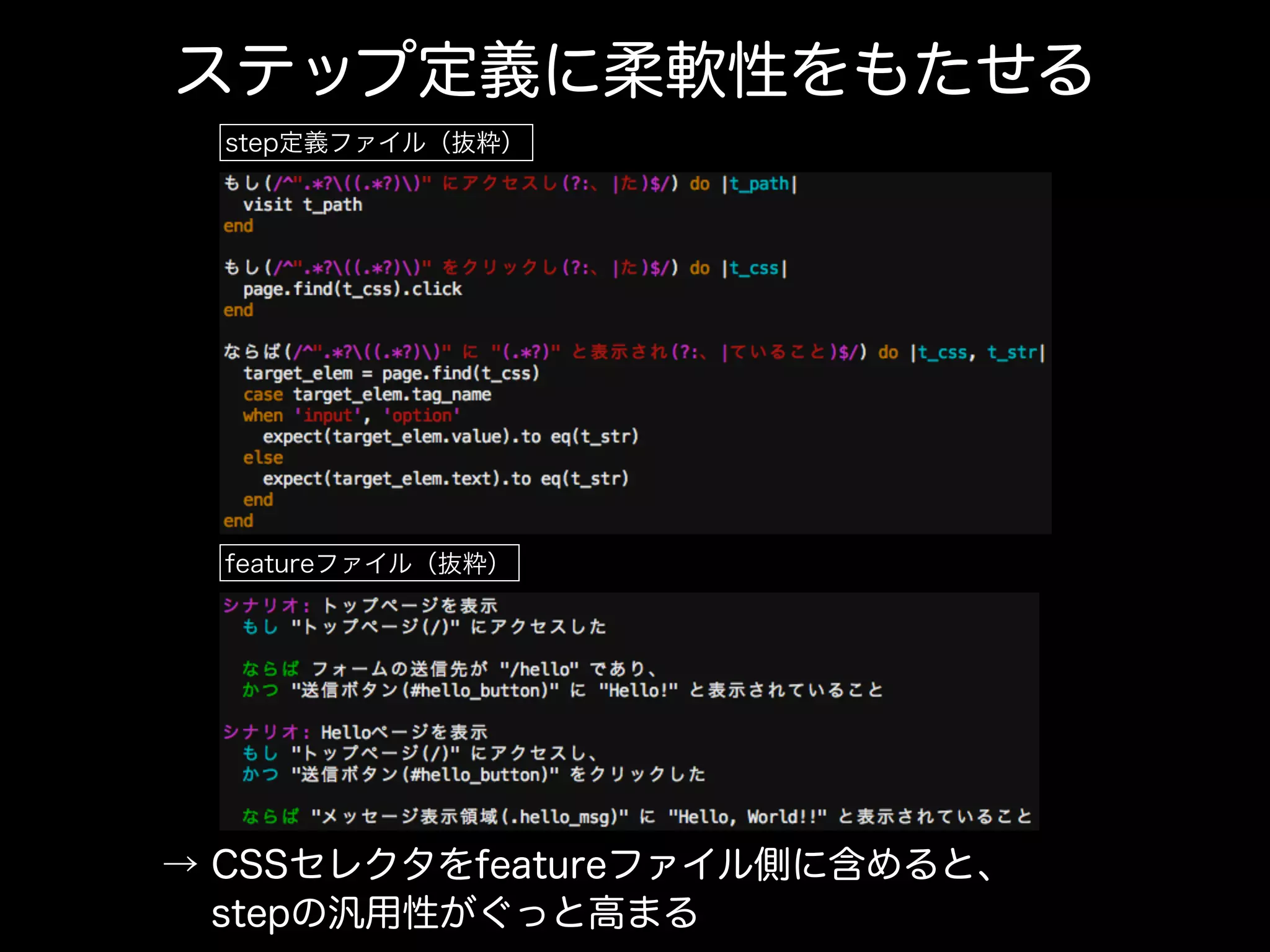 ステップ定義に柔軟性をもたせる
step定義ファイル（抜粋）
→ CSSセレクタをfeatureファイル側に含めると、
  stepの汎用性がぐっと高まる
featureファイル（抜粋）
 