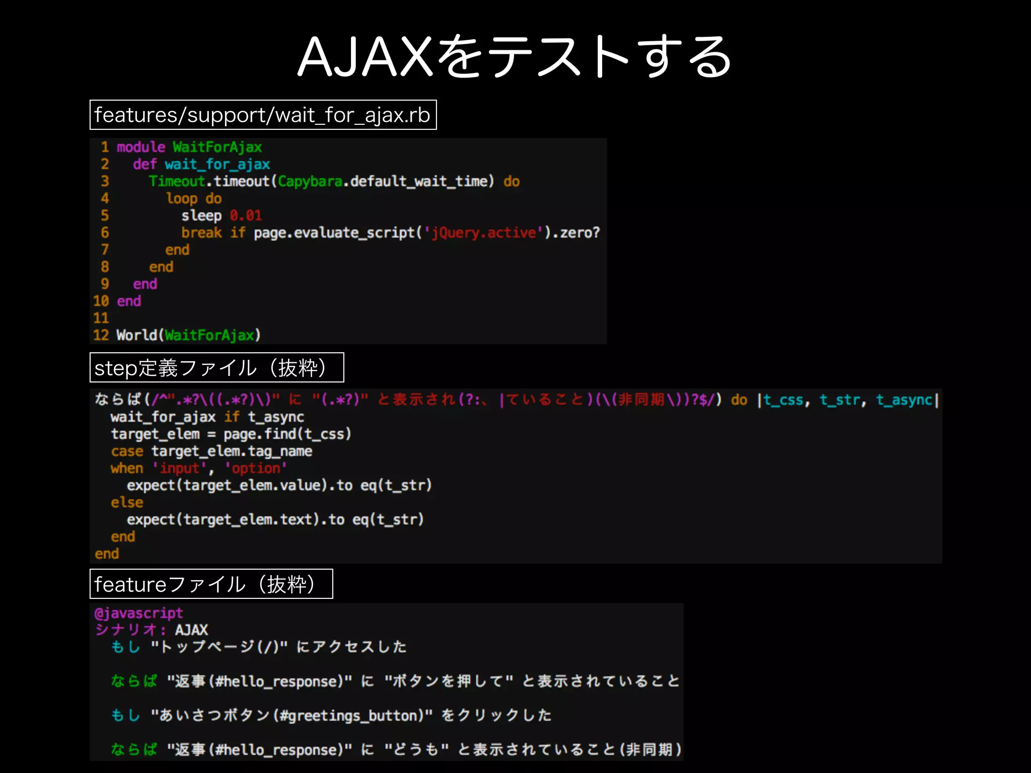 AJAXをテストする
features/support/wait_for_ajax.rb
step定義ファイル（抜粋）
featureファイル（抜粋）
 