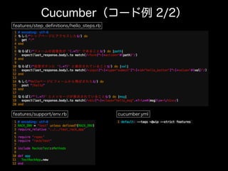 Cucumber（コード例 2/2）
features/step_deﬁnitions/hello_steps.rb
features/support/env.rb cucumber.yml
 