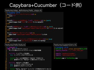 Capybara+Cucumber（コード例）
features/step_deﬁnitions/hello_steps.rb
features/hello.feature features/support/env.rb
 