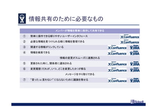 情報共有のために必要なもの
メンバーが情報を簡単に保存して共有できる
① 簡単に操作できる解りやすいユーザーインタフェース
② 必要な情報を見つけられる様に情報を整理できる
③ 関連する情報がリンクしている
④ 情報を検索できる
情報の変更がスムーズに連携される
⑤ 更新された時に、関係者に通知される
⑥ 変更履歴（だれが、いつ、どこを変更したか）が解る
メッセージをやり取りできる
⑦ “言った vs 言わない” にならないために議論を残せる
 
