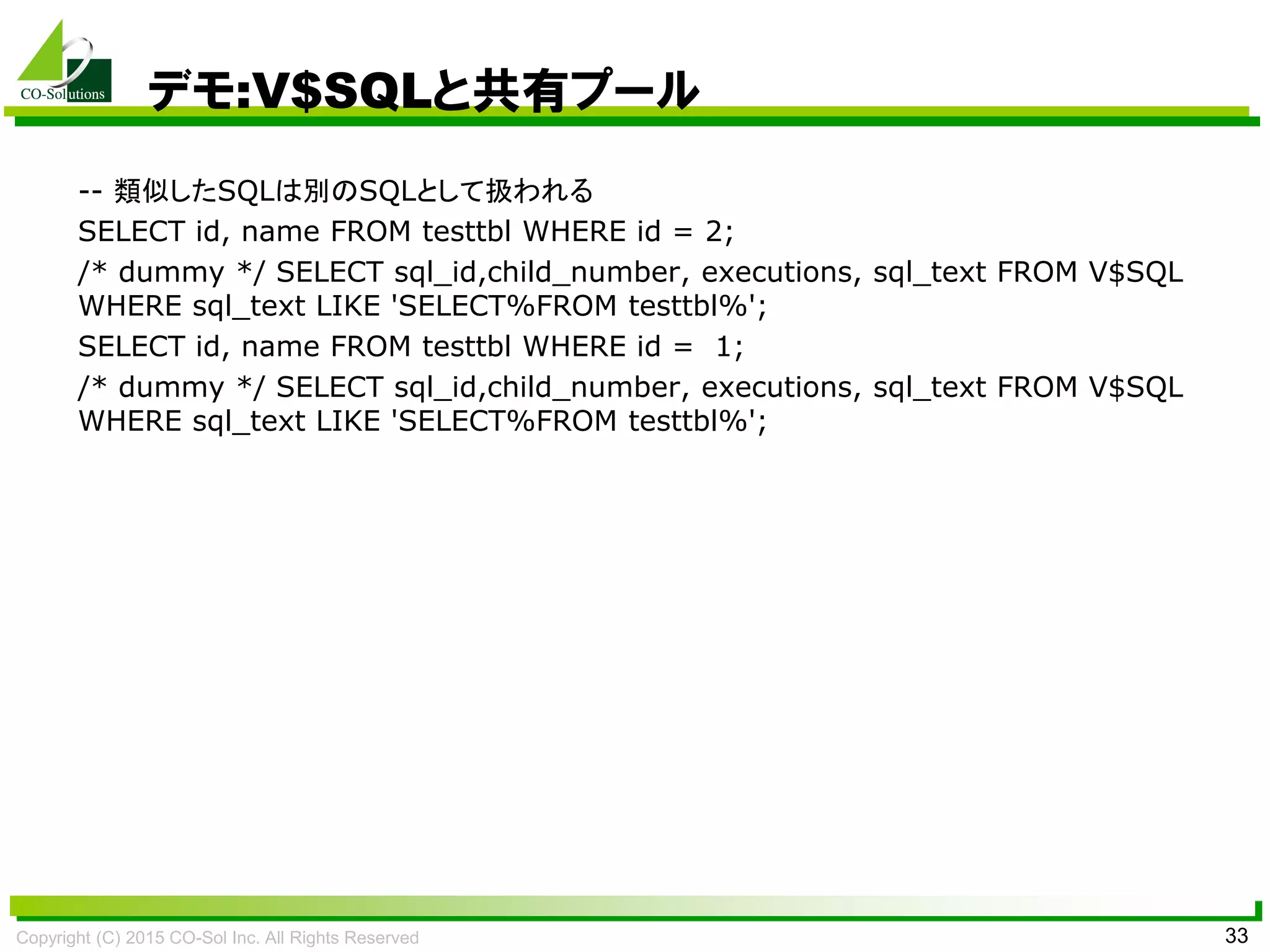 Copyright (C) 2015 CO-Sol Inc. All Rights Reserved 33
デモ:V$SQLと共有プール
-- 類似したSQLは別のSQLとして扱われる
SELECT id, name FROM testtbl WHERE id = 2;
/* dummy */ SELECT sql_id,child_number, executions, sql_text FROM V$SQL
WHERE sql_text LIKE 'SELECT%FROM testtbl%';
SELECT id, name FROM testtbl WHERE id = 1;
/* dummy */ SELECT sql_id,child_number, executions, sql_text FROM V$SQL
WHERE sql_text LIKE 'SELECT%FROM testtbl%';
 