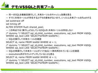 Copyright (C) 2015 CO-Sol Inc. All Rights Reserved 32
デモ:V$SQLと共有プール
-- 同一のSQLを複数回実行して、共有カーソルのキャッシュ効果を見る
-- すでに共有カーソルが存在するとデモの意味がないので、いったん共有プールをflushする
set autotrace off
set timing off
ALTER SYSTEM flush shared_pool;
-- この時点では（実行しようとしているSQLの）共有カーソルは存在しない
/* dummy */ SELECT sql_id,child_number, executions, sql_text FROM V$SQL
WHERE sql_text LIKE 'SELECT%FROM testtbl%';
-- SQLを実行して共有カーソルを確認
SELECT id, name FROM testtbl WHERE id = 1;
/* dummy */ SELECT sql_id,child_number, executions, sql_text FROM V$SQL
WHERE sql_text LIKE 'SELECT%FROM testtbl%';
-- SQLを再実行して共有カーソルが1つである（＝再利用されている）ことを確認
-- executions列がカウントアップしていることも見る
SELECT id, name FROM testtbl WHERE id = 1;
/* dummy */ SELECT sql_id,child_number, executions, sql_text FROM V$SQL
WHERE sql_text LIKE 'SELECT%FROM testtbl%';
 
