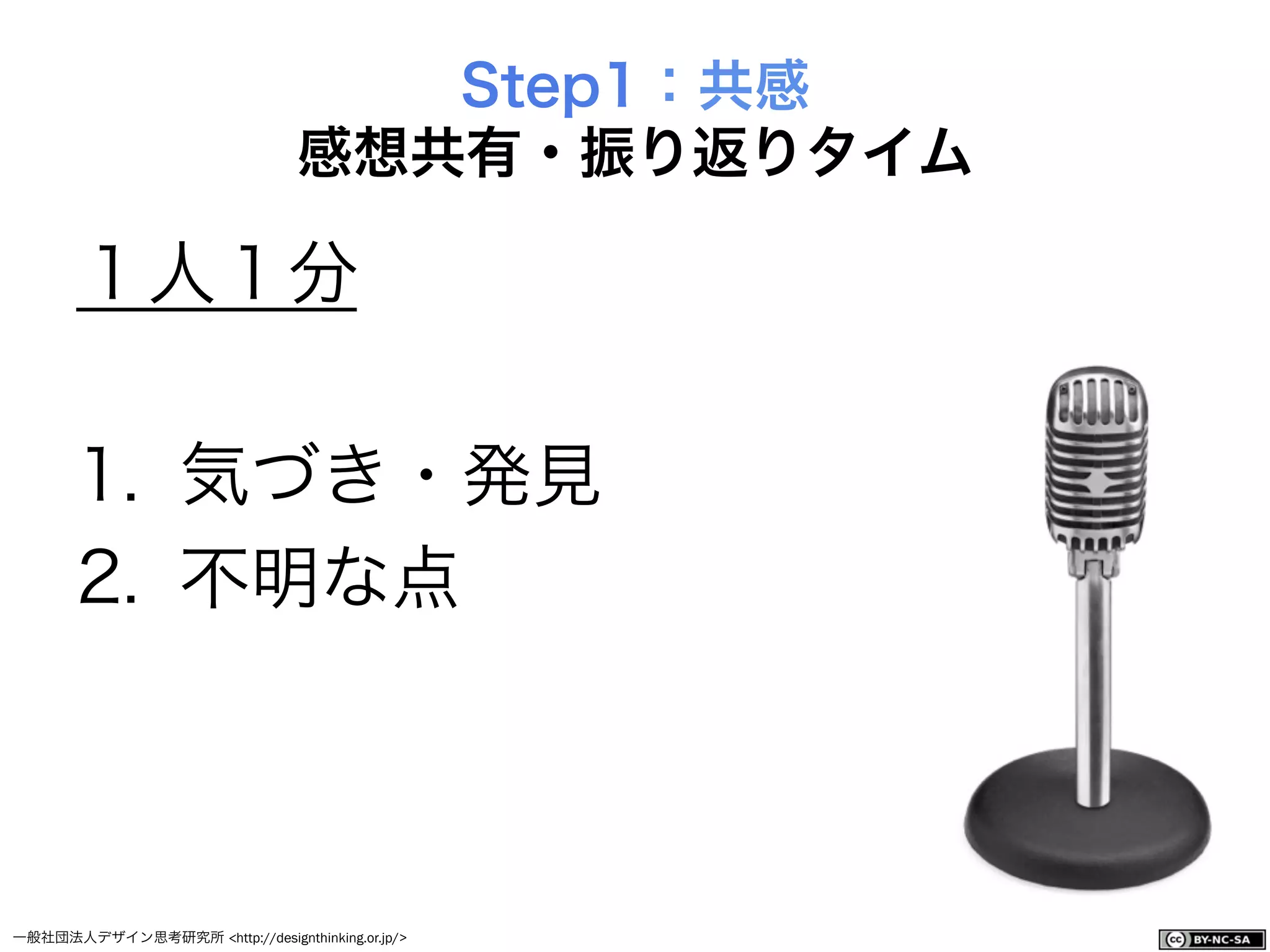 一般社団法人デザイン思考研究所 <http://designthinking.or.jp/>    
１人１分
1.  気づき・発見
2.  不明な点
Step1：共感
感想共有・振り返りタイム
 