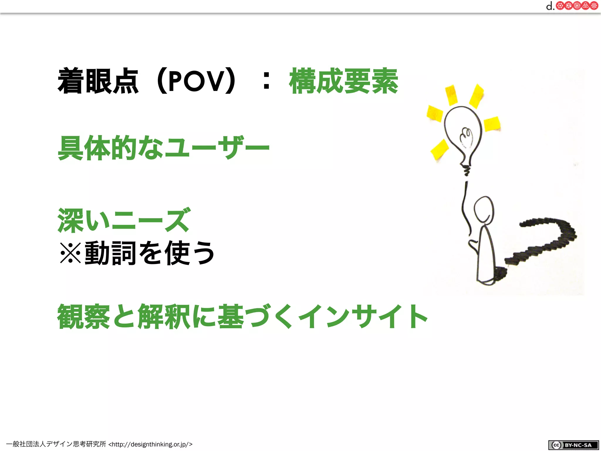 一般社団法人デザイン思考研究所 <http://designthinking.or.jp/>    
着眼点（POV）： 構成要素
具体的なユーザー
深いニーズ
※動詞を使う
観察と解釈に基づくインサイト
 