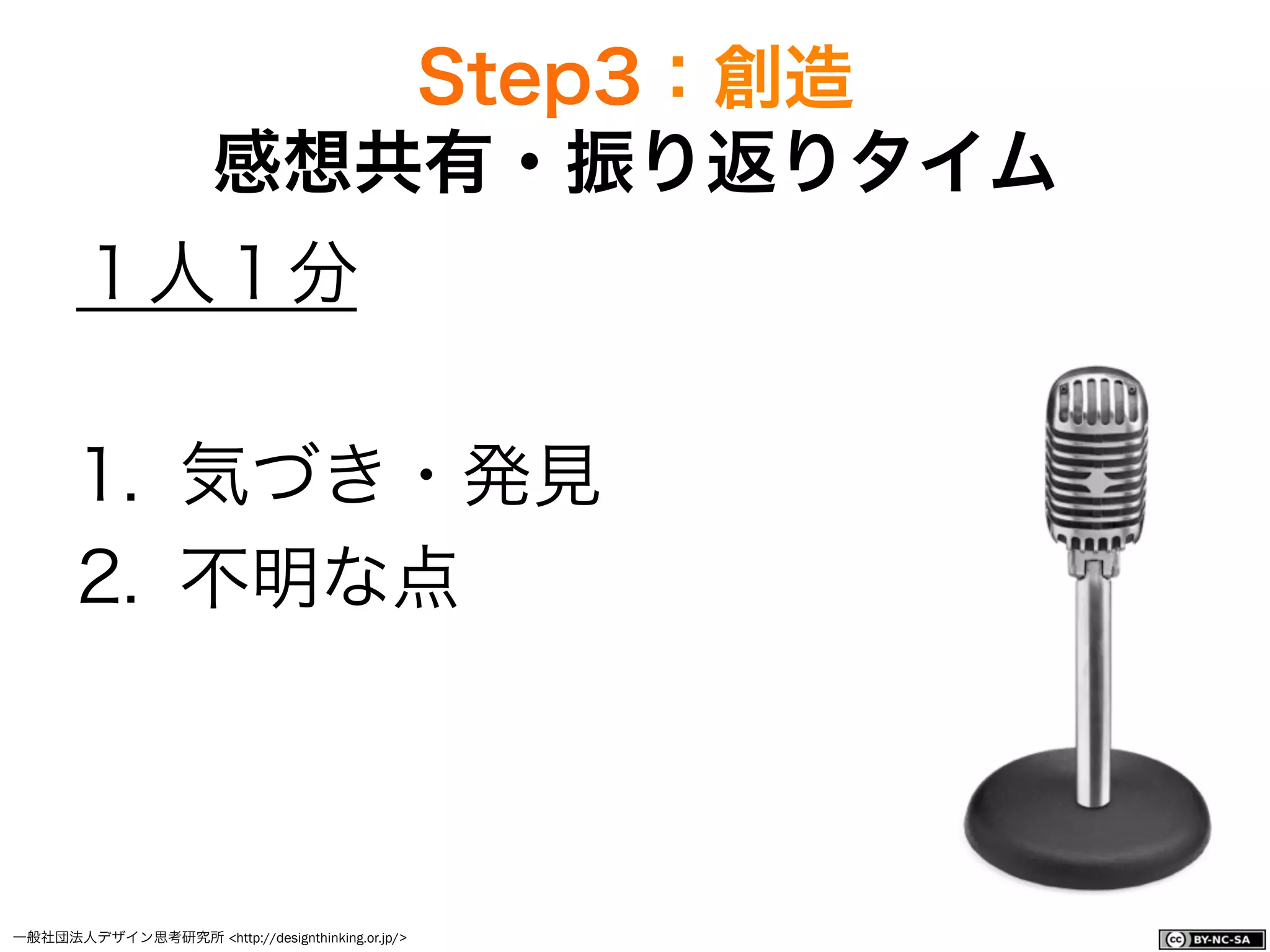 一般社団法人デザイン思考研究所 <http://designthinking.or.jp/>    
１人１分
1.  気づき・発見
2.  不明な点
Step3：創造
感想共有・振り返りタイム
 