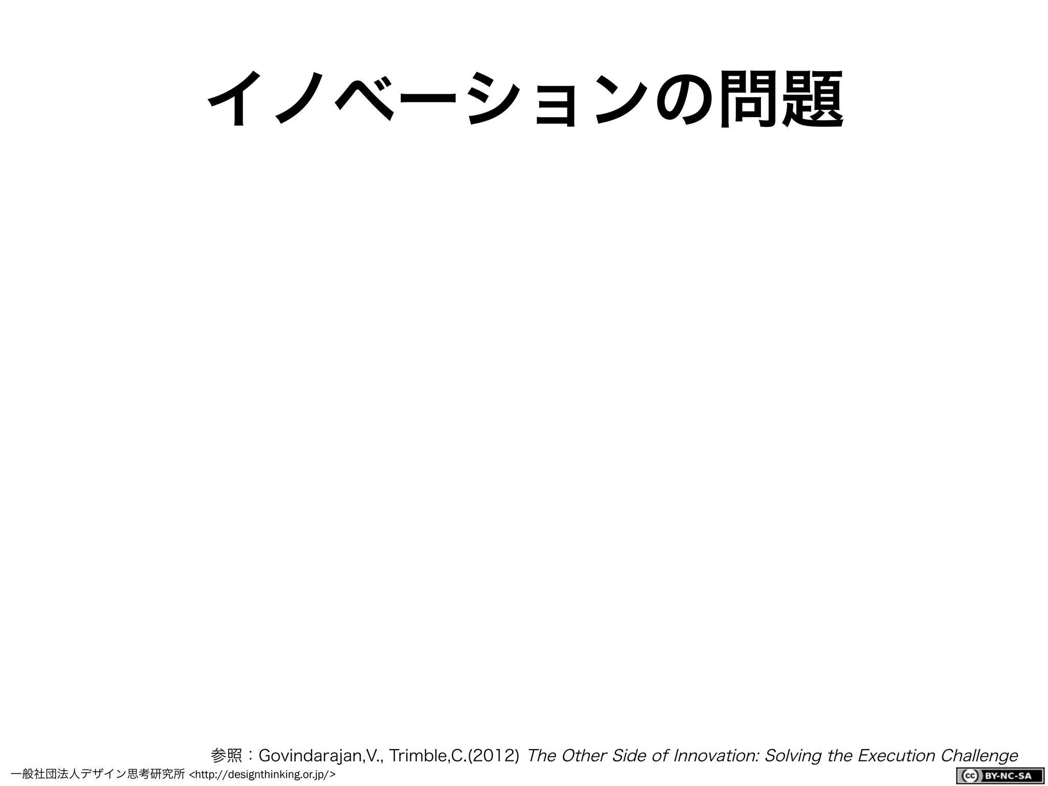 一般社団法人デザイン思考研究所 <http://designthinking.or.jp/>    
イノベーションの問題
参照：Govindarajan,V., Trimble,C.(2012) The Other Side of Innovation: Solving the Execution Challenge
 