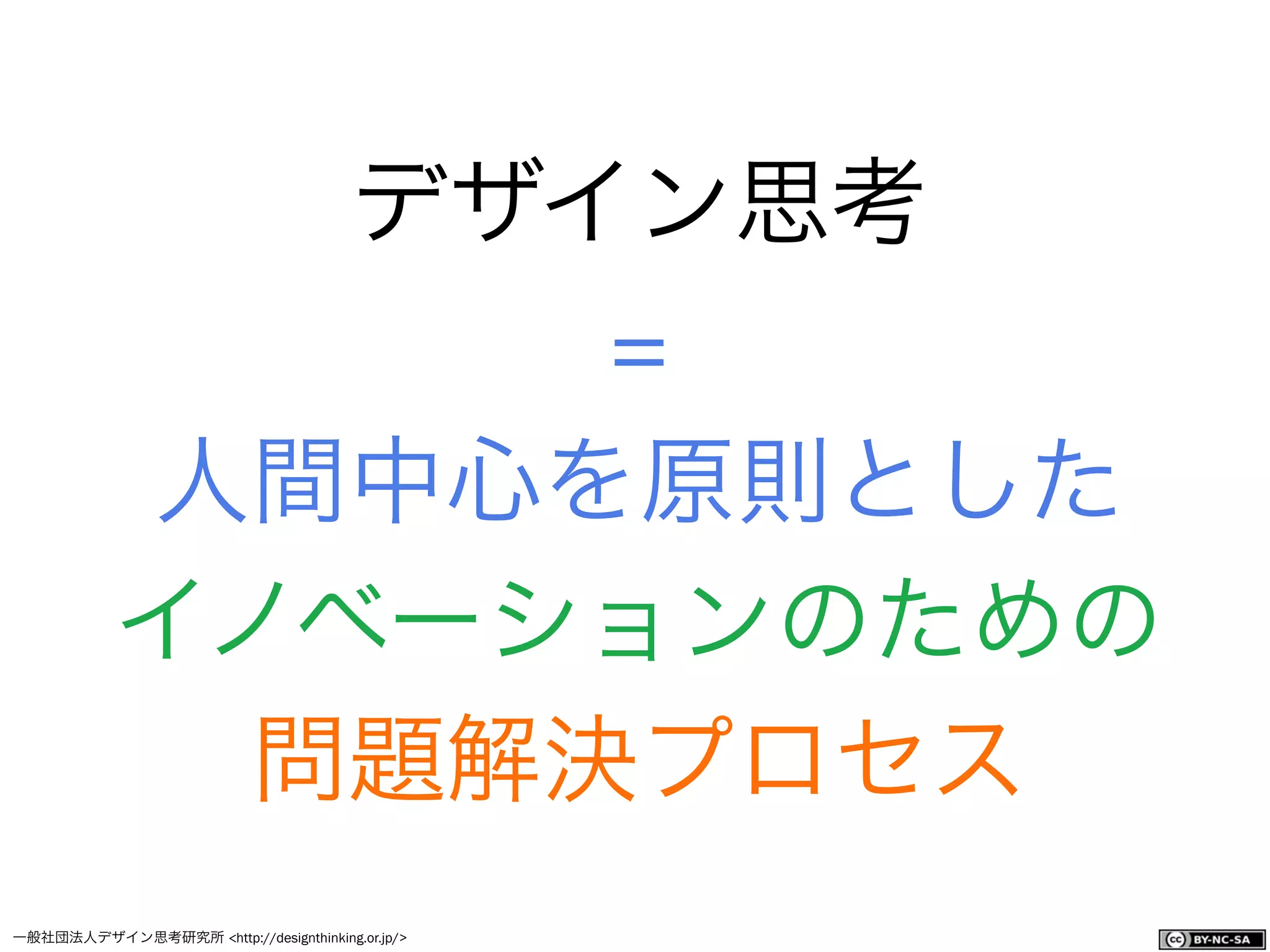 一般社団法人デザイン思考研究所 <http://designthinking.or.jp/>    
デザイン思考
=
人間中心を原則とした
イノベーションのための
問題解決プロセス
 