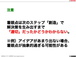 一般社団法人デザイン思考研究所 <http://designthinking.or.jp/>    
注意
着眼点は次のステップ「創造」で
解決策を生み出すまで
「適切」だったかどうかわからない。
※例）アイデアがあまり出ない場合、
着眼点が抽象的過ぎる可能性がある
 